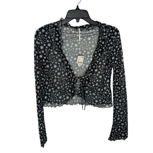 Free People Black White Star Print Marne Open Front Tie Mesh Top - Picture 2 of 9